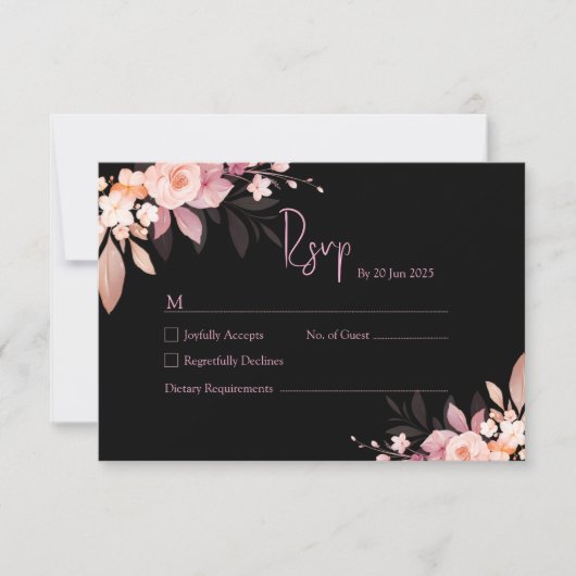 Cartons Réponse Fleurs Rose Noir & Blush Mariage  (Devant)