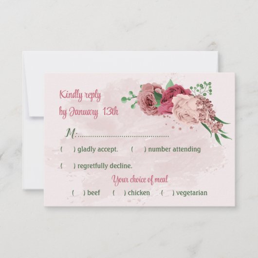 Cartons Réponse fleurs roses vert feuille mariage botanique (Devant)