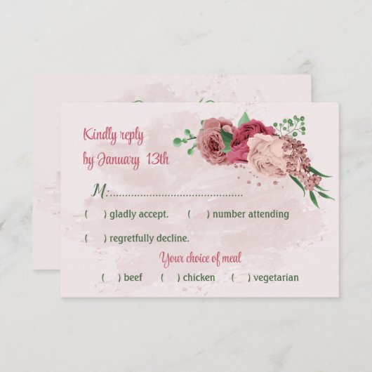 Cartons Réponse fleurs roses vert feuille mariage botanique (Devant / Derrière)