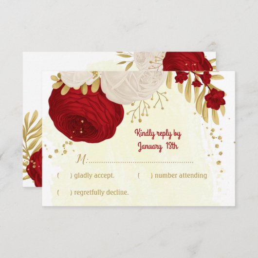 Cartons Réponse fleurs rouges et blanches foncées or mariage botan (Devant / Derrière)