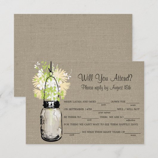 Cartons Réponse Fleurs sauvages rustiques en pot de verre avec toi (Devant / Derrière)