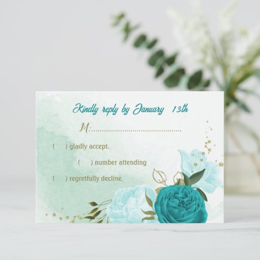 Cartons Réponse fleurs turquoise vert feuille (Debout devant)