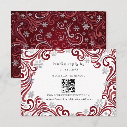 Cartons Réponse Flocons de neige rouges argentés Code QR Mariage d (Devant / Derrière)