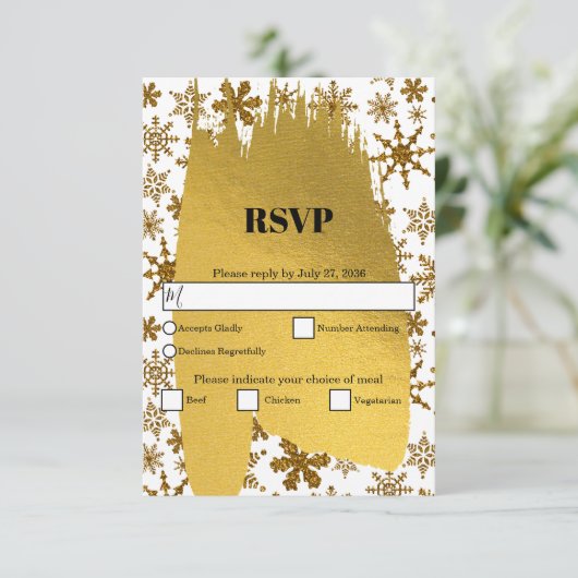 Cartons Réponse Flocons dorés Mariage de Noël festif (Debout devant)