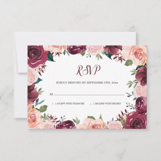 Cartons Réponse Floral Blush Bourgogne Rose Mariage frontalier (Devant)
