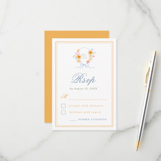Cartons Réponse Floral Crest Bow Monogram Spring Wedding (Devant/Arrière en situation)