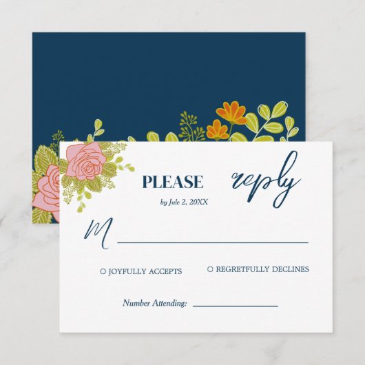 Cartons Réponse Floral Dark Navy Bleu Mariage Botanique (Devant / Derrière)
