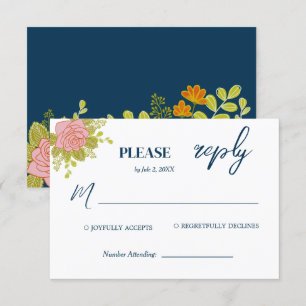 Cartons Réponse Floral Dark Navy Bleu Mariage Botanique