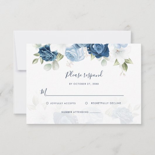 Cartons Réponse Floral Dusty Blue Floral Script Mariage (Devant)