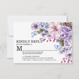 Cartons Réponse Floral Purple Aquarelle Mariage Choix de repas RSV