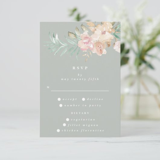Cartons Réponse Flores d'aquarelle rustique sur Mariage vert Sage (Debout devant)