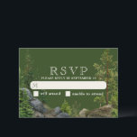 Cartons Réponse Forêt rocheuse à feuillage persistant | Rustic Nat<br><div class="desc">Cartes de mariage vert forêt RSVP avec un paysage de forêt de montagne rocheuse.</div>
