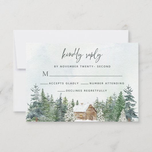 Cartons Réponse Forêt rustique Cabine Pine Trees Mariage d'hiver (Devant)