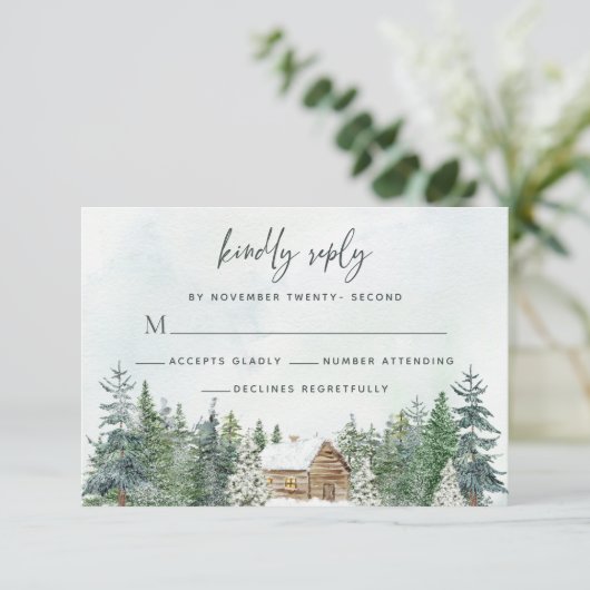 Cartons Réponse Forêt rustique Cabine Pine Trees Mariage d'hiver (Debout devant)
