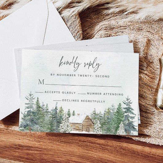 Cartons Réponse Forêt rustique Cabine Pine Trees Mariage d'hiver