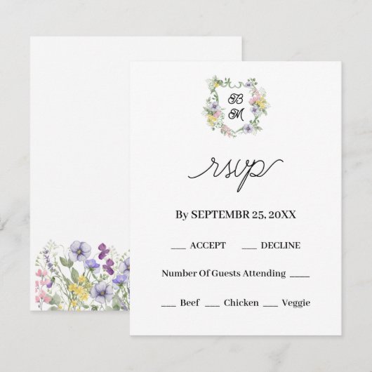 Cartons Réponse Formal Floral Monogram Crest Wedding (Devant / Derrière)