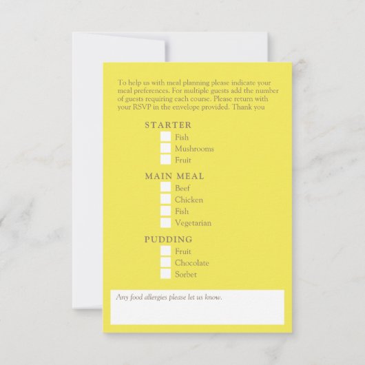 Cartons Réponse Formule de repas Mariage à la tulipe jaune leucade (Dos)