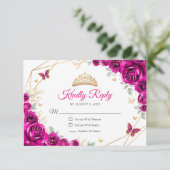Cartons Réponse Fuchsia Pink Gold Floral Quinceanera Reply (Debout devant)