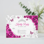 Cartons Réponse Fuchsia Pink Silver Floral Quinceanera Reply (Debout devant)