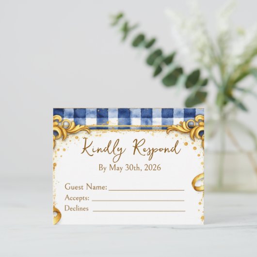 Cartons Réponse Gingham Bleu Blanc Or Luxe Moderne Tendance Chic (Debout devant)