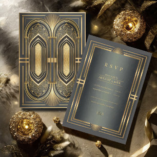 Cartons Réponse Glam Art Deco Mariage Noir/Or ID1033