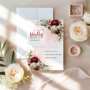 Cartons Réponse Glam Boho Bourgogne et Blanc Floral Or Mariage