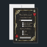 Cartons Réponse Glam Casino Gold Great Song Demande de Mariage<br><div class="desc">Unique Casino Royale et Grande carte à thème design. Il présente un style art déco vintage, un cadre rompu de Roaring des années 1920 avec fausse feuille d'or Fleur-de-lis, coeurs rouges, Q et K sur deux coins (simulant des cartes à jouer), sur arrière - plan motif Art déco noir or....</div>