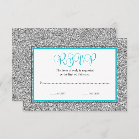 Cartons Réponse Glam Faux Parties scintillant Argent Turquoise Ble (Devant / Derrière)