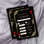 Cartons Réponse Glam Gold Black Art Déco 20s Mariage et itinéraire<br><div class="desc">Unique Casino Royale et Great Gatsby conception de carte à thème. Il présente un style art déco vintage, un cadre rompu de Roaring des années 1920 avec fausse feuille d'or Fleur-de-lis, coeurs rouges, Q (reine) et K (roi) sur deux coins (simulant des cartes à jouer), sur arrière - plan motif...</div>