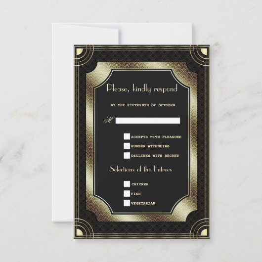 Cartons Réponse Glam Gold Black Great Art Déco Mariage (Devant)