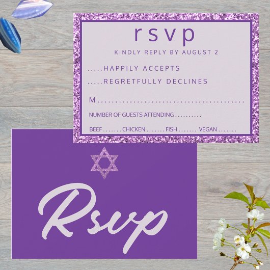 Cartons Réponse Glam Purple Élégante Étoile De David Bat mitzvah