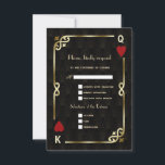 Cartons Réponse Glam Royal Gold Black Art Déco Mariage des années<br><div class="desc">Unique Casino Royale et Great Gatsby conception de carte à thème. Il présente un style art déco vintage, un cadre rompu de Roaring des années 1920 avec fausse feuille d'or Fleur-de-lis, coeurs rouges, Q et K sur deux coins (simulant des cartes à jouer), sur arrière - plan motif Art déco...</div>