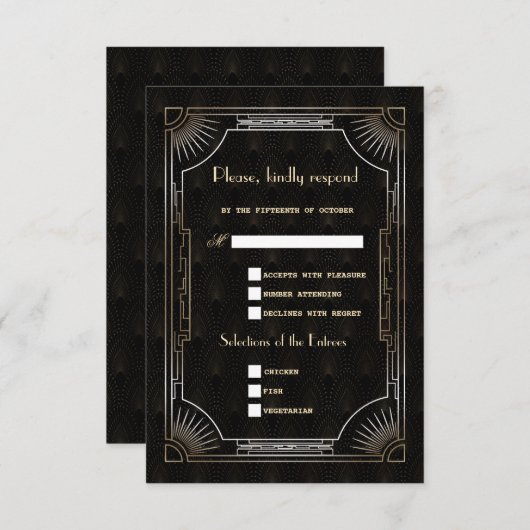 Cartons Réponse Glamour Great Gatsby Gold Art Déco Mariage (Devant / Derrière)