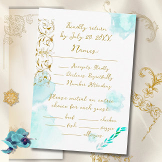 Cartons Réponse Gold Baroque Turquoise Mariage de calligraphie Vin