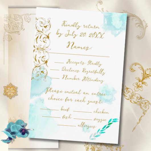 Cartons Réponse Gold Baroque Turquoise Mariage de calligraphie Vin