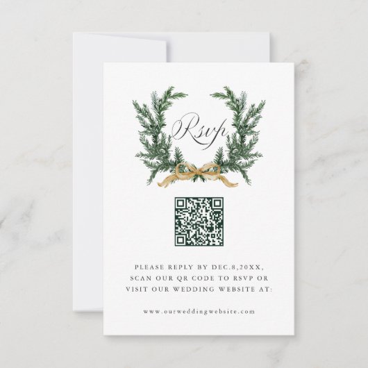 Cartons Réponse Gold Bow & Green Pine Wreath Wedding QR Code (Devant)
