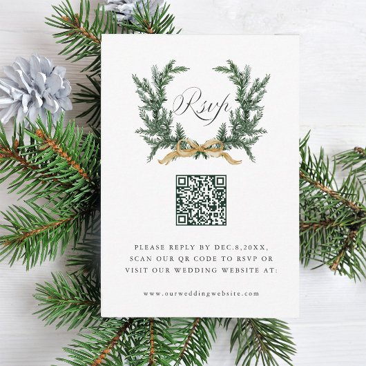 Cartons Réponse Gold Bow & Green Pine Wreath Wedding QR Code