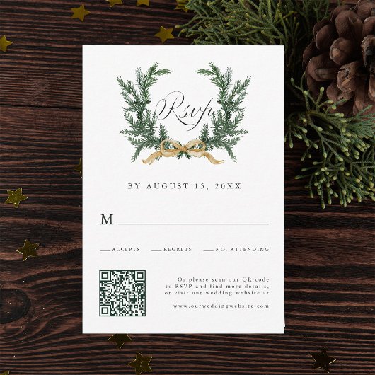 Cartons Réponse Gold Bow & Green Pine Wreath Wedding QR Code