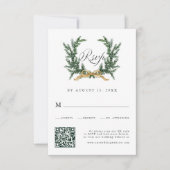 Cartons Réponse Gold Bow & Green Pine Wreath Wedding QR Code (Devant)