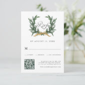 Cartons Réponse Gold Bow & Green Pine Wreath Wedding QR Code (Debout devant)