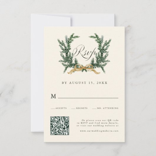 Cartons Réponse Gold Bow & Green Pine Wreath Wedding QR Code Ivory (Devant)
