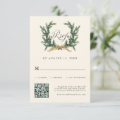 Cartons Réponse Gold Bow & Green Pine Wreath Wedding QR Code Ivory (Debout devant)