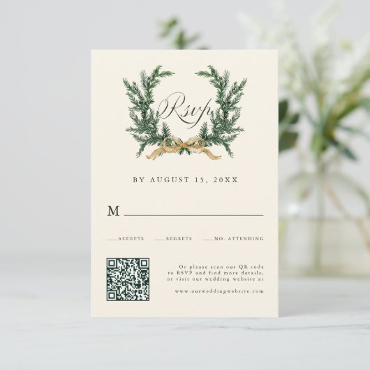 Cartons Réponse Gold Bow & Green Pine Wreath Wedding QR Code Ivory (Debout devant)