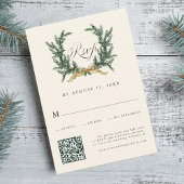 Cartons Réponse Gold Bow & Green Pine Wreath Wedding QR Code Ivory