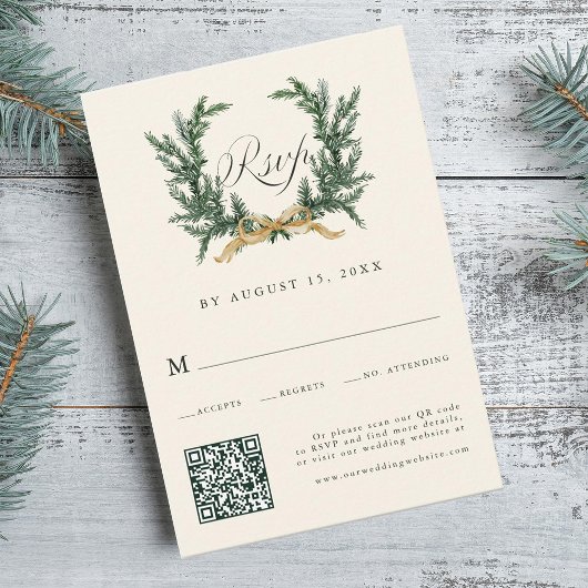 Cartons Réponse Gold Bow & Green Pine Wreath Wedding QR Code Ivory