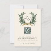 Cartons Réponse Gold Bow & Green Pine Wreath Wedding QR Code Ivory (Devant)
