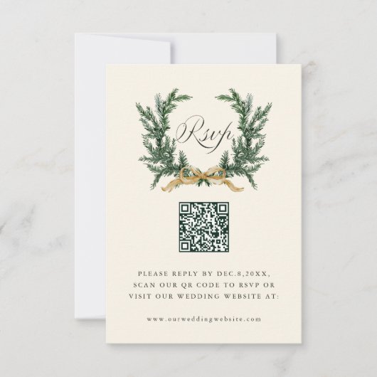 Cartons Réponse Gold Bow & Green Pine Wreath Wedding QR Code Ivory (Devant)