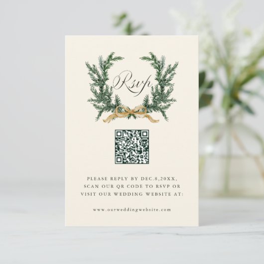 Cartons Réponse Gold Bow & Green Pine Wreath Wedding QR Code Ivory (Debout devant)
