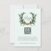 Cartons Réponse Gold Bow & Green Pine Wreath Wedding QR Code Mint (Devant)