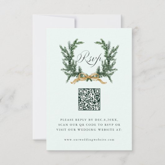 Cartons Réponse Gold Bow & Green Pine Wreath Wedding QR Code Mint (Devant)